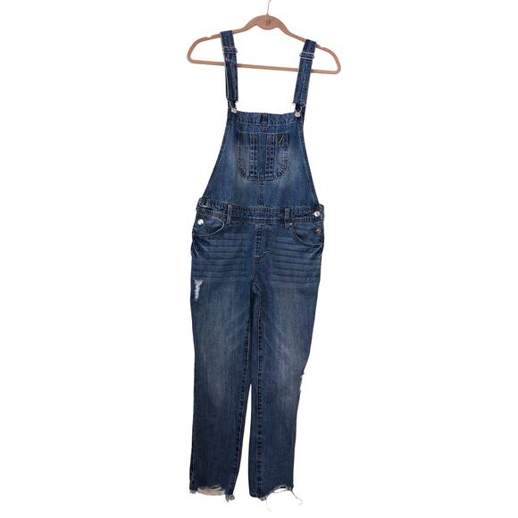 Kensie Denim - Denim Overalls Size 6 Blue Distressed Pockets 90s Grunge Boho Farmer Country